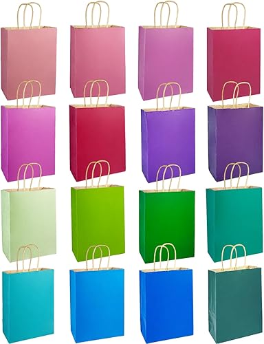 Miniatura 2 de qiqee 60 bolsas de papel kraft con asas de 7.6 x 4.75 x 10.5 pulgadas, bolsas de papel de regalo medianas 16 bolsas de colores sólidos profundos