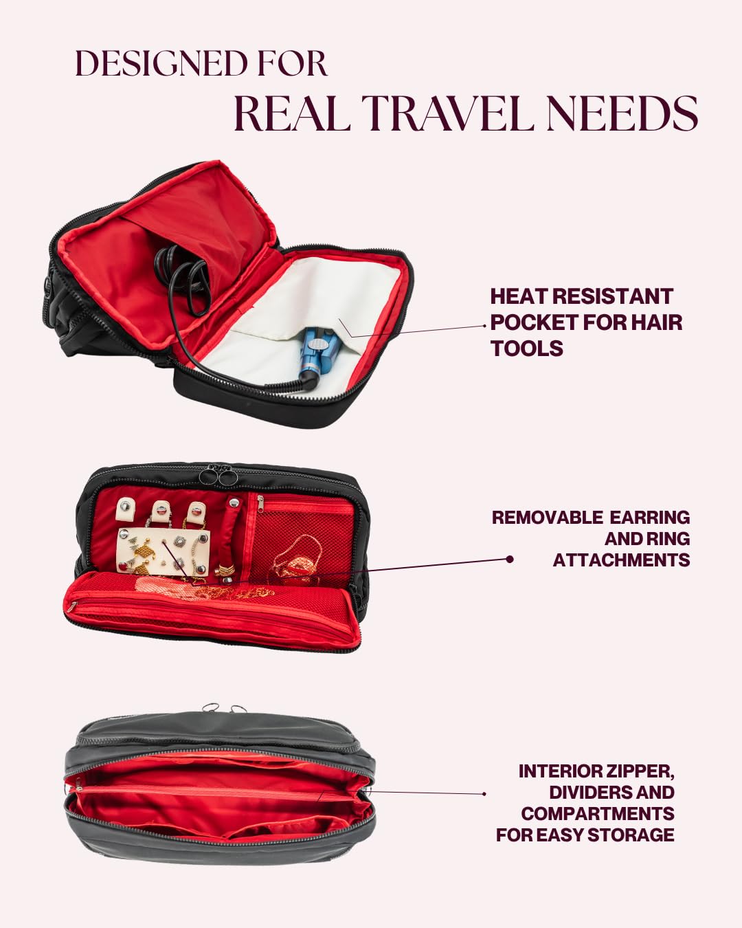 Cacheri All in One Travel Toiletry Bag, Makeup Bag with Jewelry Compartment and Heat-Resistant Pocket for Hair Tools