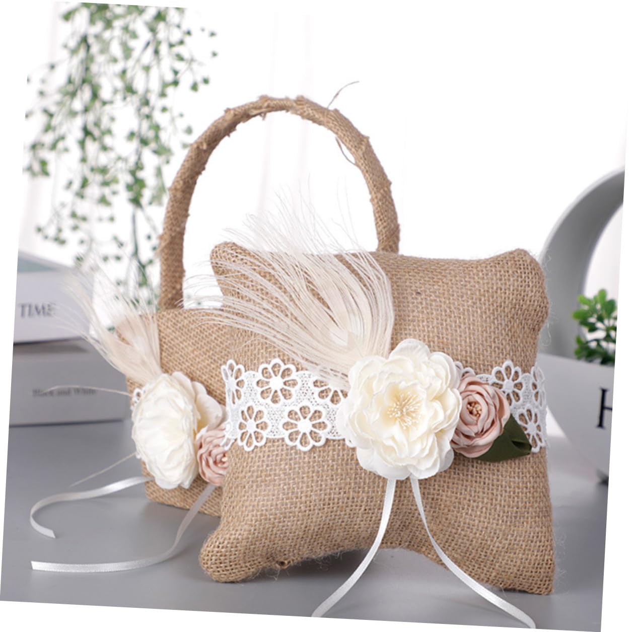 CLISPEED Ringkissen Blumenkorb Satz aus Leinen für Hochzeiten mit Künstlichen Blumen Robust und Dekorativ für Blumenmädchen bei Trauungen