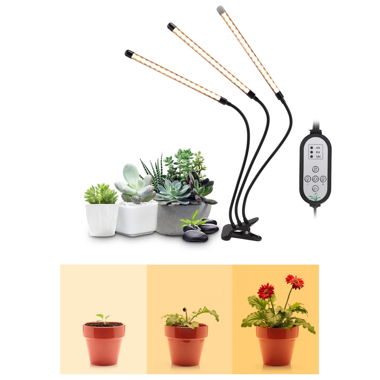 GooingTop LED-Wachstumslicht, 3-Kopf-Clip-Pflanzenlicht, 3-Kopf-Clip-Pflanzenwachstumslampe, 3-Kopf-Clip-LED-Wachstumslicht, Dimmbare USB-LED-Pflanzenwachstumslampe mit Timer für