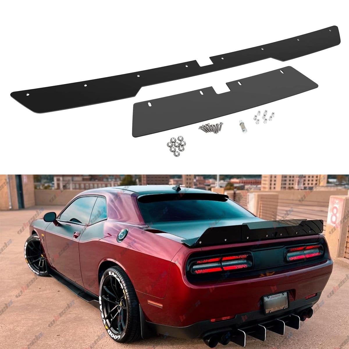 Photo 1 of **MISSING LARGE PIECE***WheelX Rear Wickerbill Spoiler Compatible with 2015-2023 Dodge Challenger RT SRT Scat Pack Hellcat, Venom Series V Style, Wicker Bill Trunk Tail Deck Lid Wing Lip with RivNut Tool (Smoked Black)