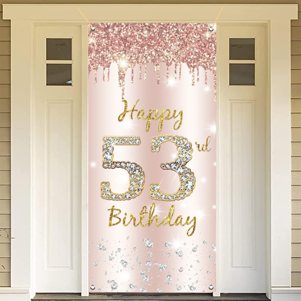 53. urodziny dekoracja damska, Happy 53rd Birthday Door Banner różowe złoto, 53. urodziny tkanina tabliczka plakat dekoracja drzwi, 53. urodziny tło baner damski, przyjęcie urodzinowe tabliczka