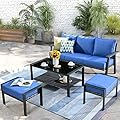 HOOOWOOO Outdoor Patio Furniture Set 4 Pieces Modern 3-Seat Sofa with Ottoman Coffee Table Wicker Patio Conversation Set Bistro Set for All Weather,Blue Cushion