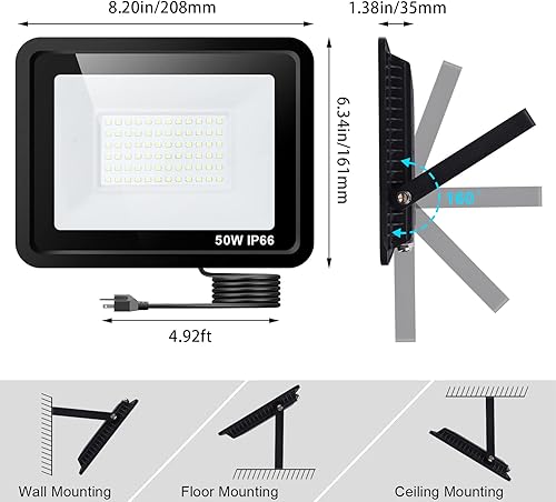 Miniatura 8 de LKXDOV Luces LED de inundación para exteriores, 50 W, 5000 lúmenes, luz de trabajo exterior con enchufe IP66 impermeable, 6000 K Exteriores