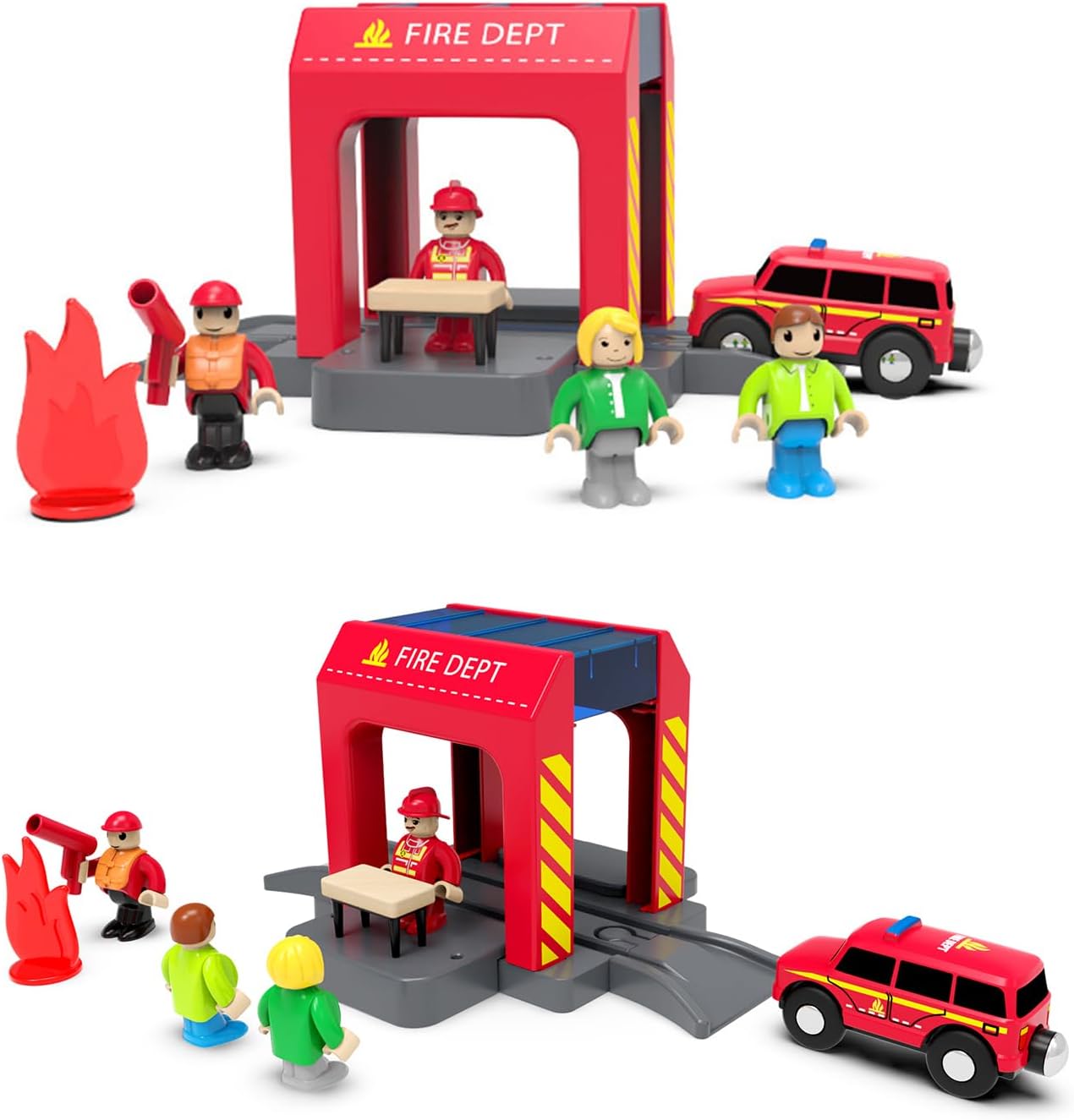 Fire Station Toy for Wooden Tracks,Fire Truck Department Playset Compatible with Brio Railway Train Set Piece,Perfect for Boys Toddlers 3 4 5 Year Old