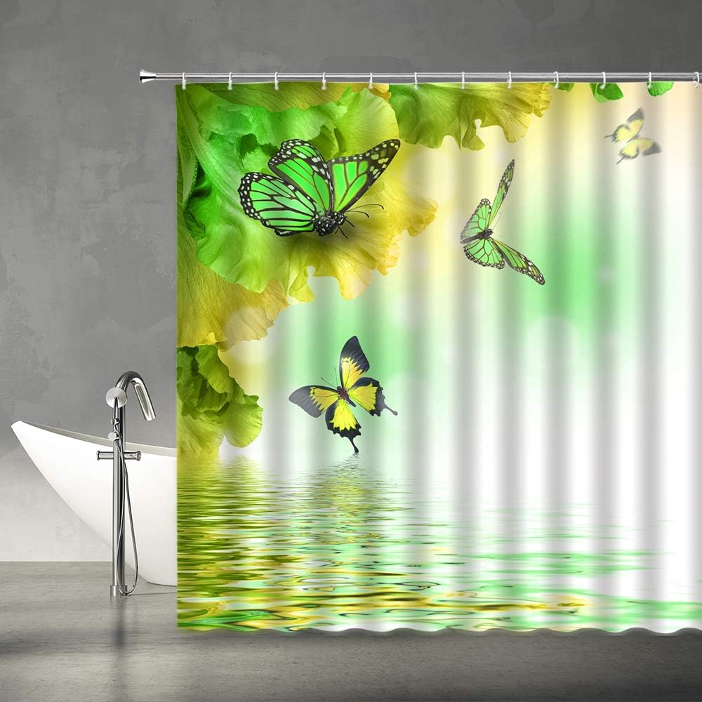 Butterfly Shower Curtain Fantasy Yellow and Green Flower Butterflies Wings Dream Water Ripple Floral Animal Lake Spa Spring Scenery Fabric Bathroom Decor Set with Hooks(84" Wx70 H)