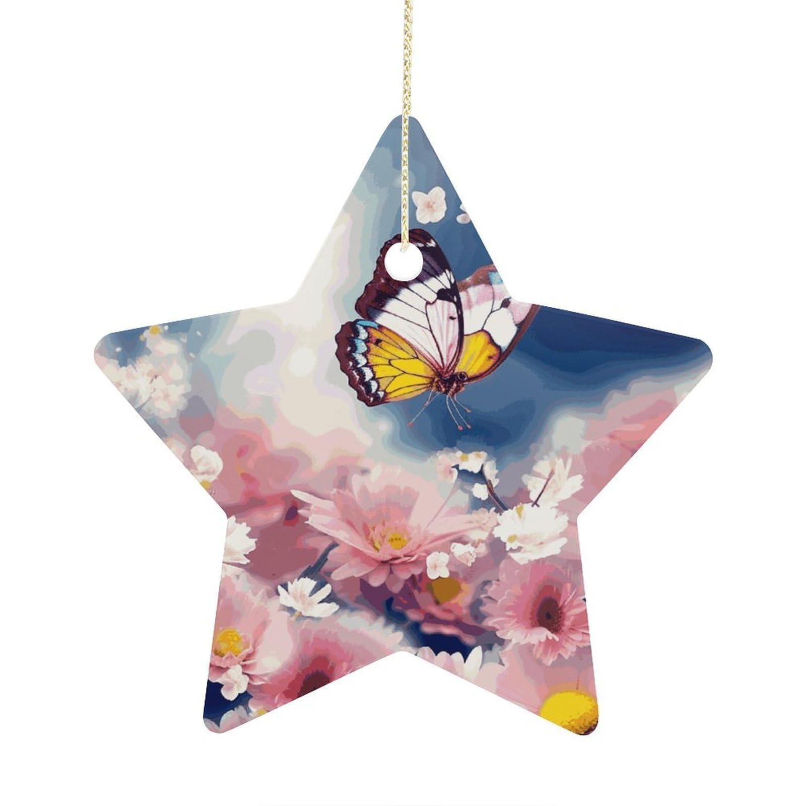 Flowers Butterfly Ornament with String, Keepsake Hanging Decorations,Ceramic Ornaments for Women Men Indoor Home Holiday Party Gifts
