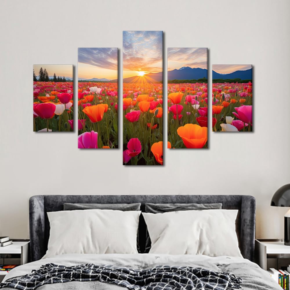 TUMOVO Home Decorations for Living Room Tulip Fields Canvas Painting Wall Art 5 Piece Wall Art Canvas Artwork Wall Decor Canvas Frame Art Prints