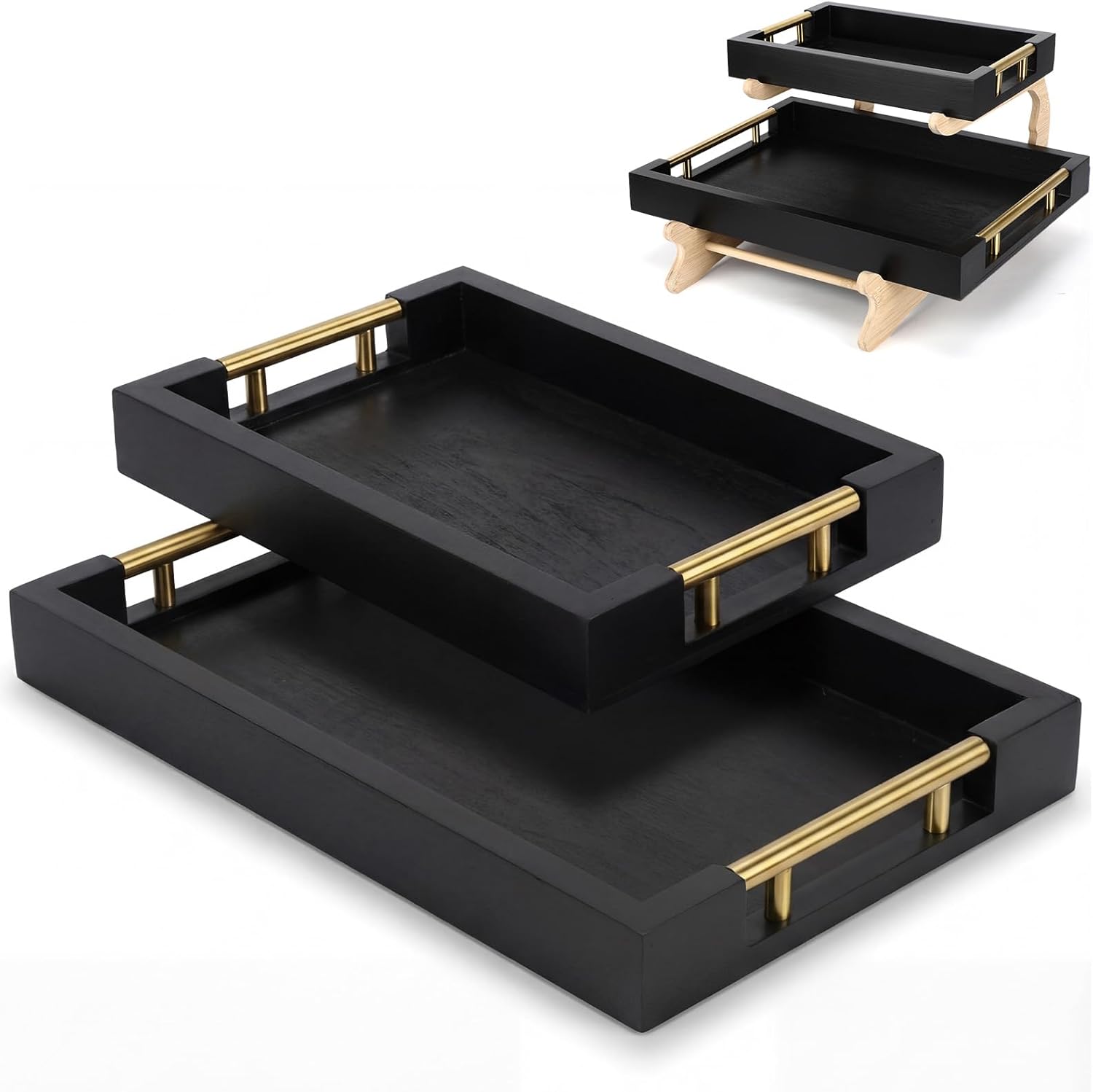 Leinuosen 2 Pack Serving Tray for Coffee Table Wooden Ottoman Tray with Gold Handles 12"x16" & 8"x12" Large Decorative Trays with Bamboo Stand for Storage Display and Party(White)