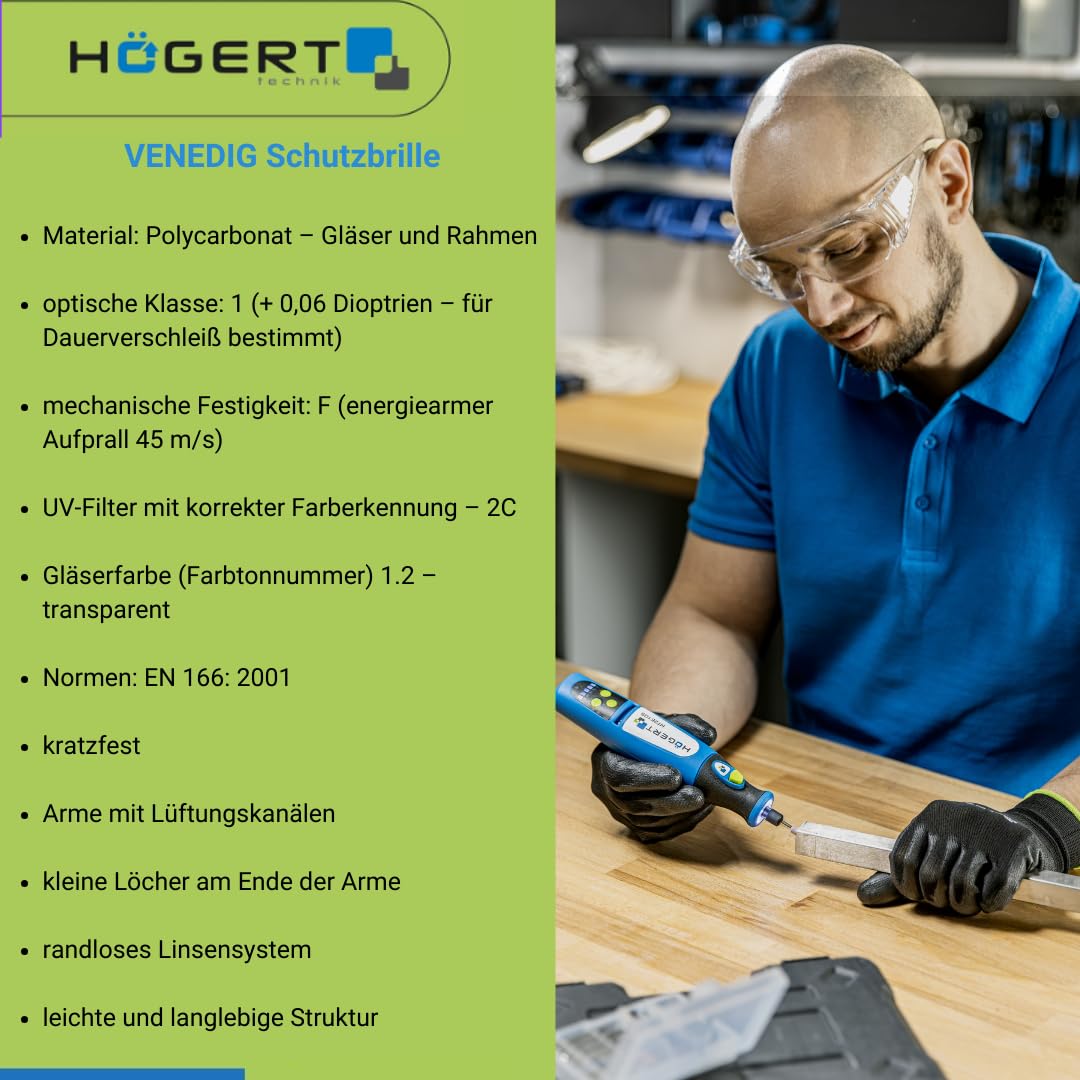 Högert Technik - Lunettes de protection Venice transparentes unies | Lunettes pour une protection individuelle des yeux | EN 166:2001 | Structure légère et durable