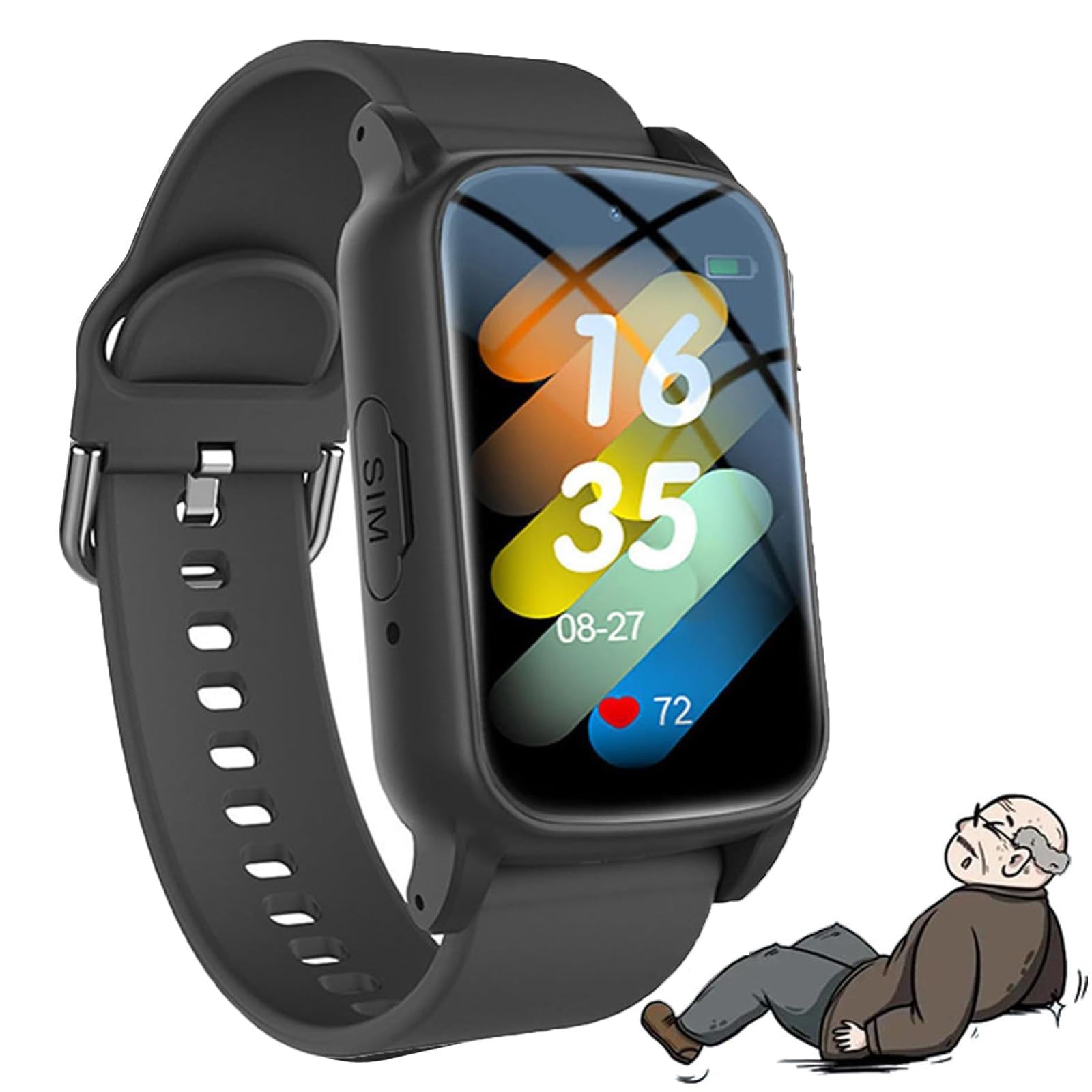 Smartwatch per Anziani con Demenza, Allarme di Caduta, Localizzatore GPS, Chiamata di Emergenza SOS, Videochiamata HD, Impermeabile Ip67. Black