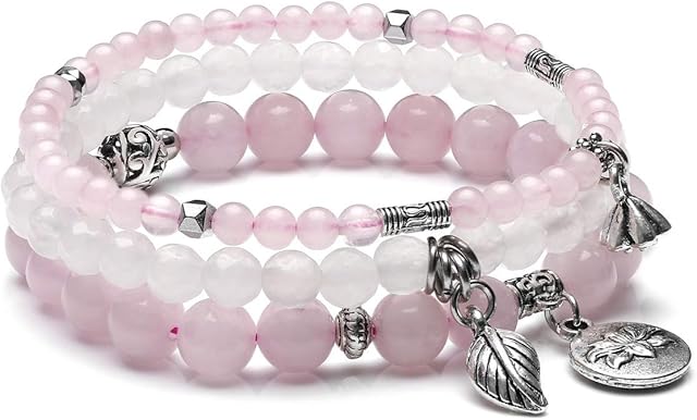 JSDDE Natural Crystals Bracelet Set Reiki Healing Crystal Gemstone Beads Stretch Bracelets with Lotus Leaf Charm for Women Christmas Gift