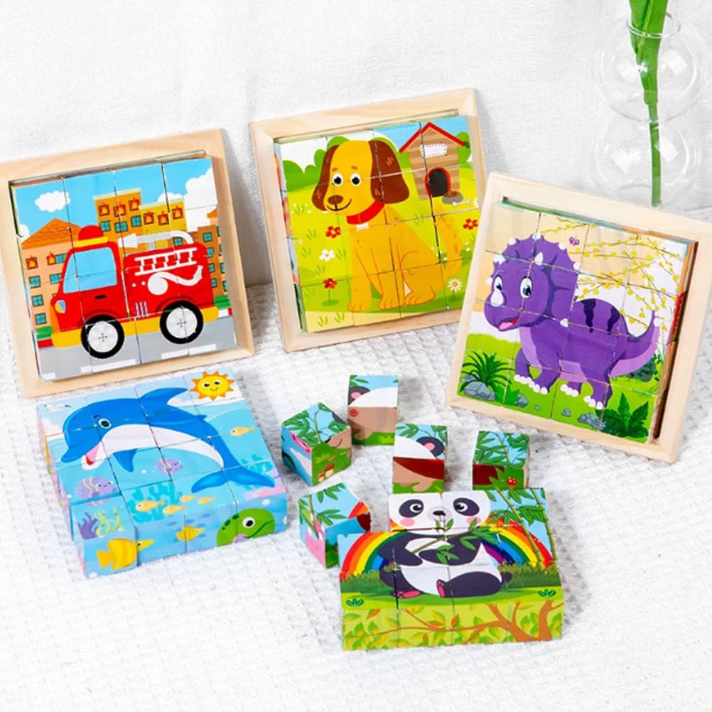 Montessori Holz 6-seitige Block-Puzzles | Frühlernspielzeug, Tier-Weltraum-Dino-Ozean-Themen-Zuordnungsspiel, Feinmotorik