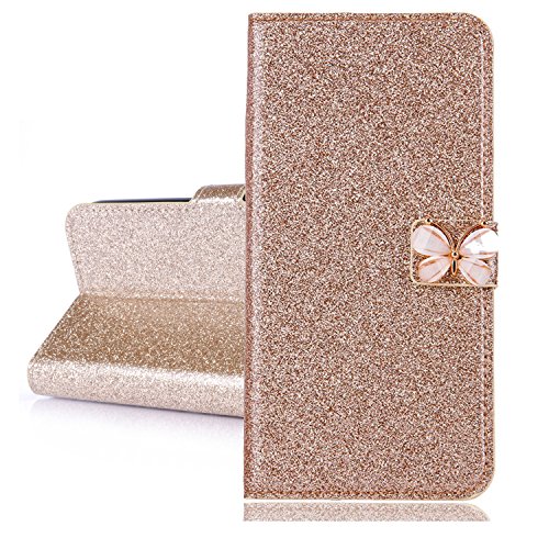 BLOTECH Brillantini Wallet for Huawei P8 Lite Cover Bling Glitter Brillantini Brillante Oro Shiny Leather Case Shell Wallet Premium PU e Glitter Brillanti 3D Farfalla Strass Cover per Huawei P8 Lite
