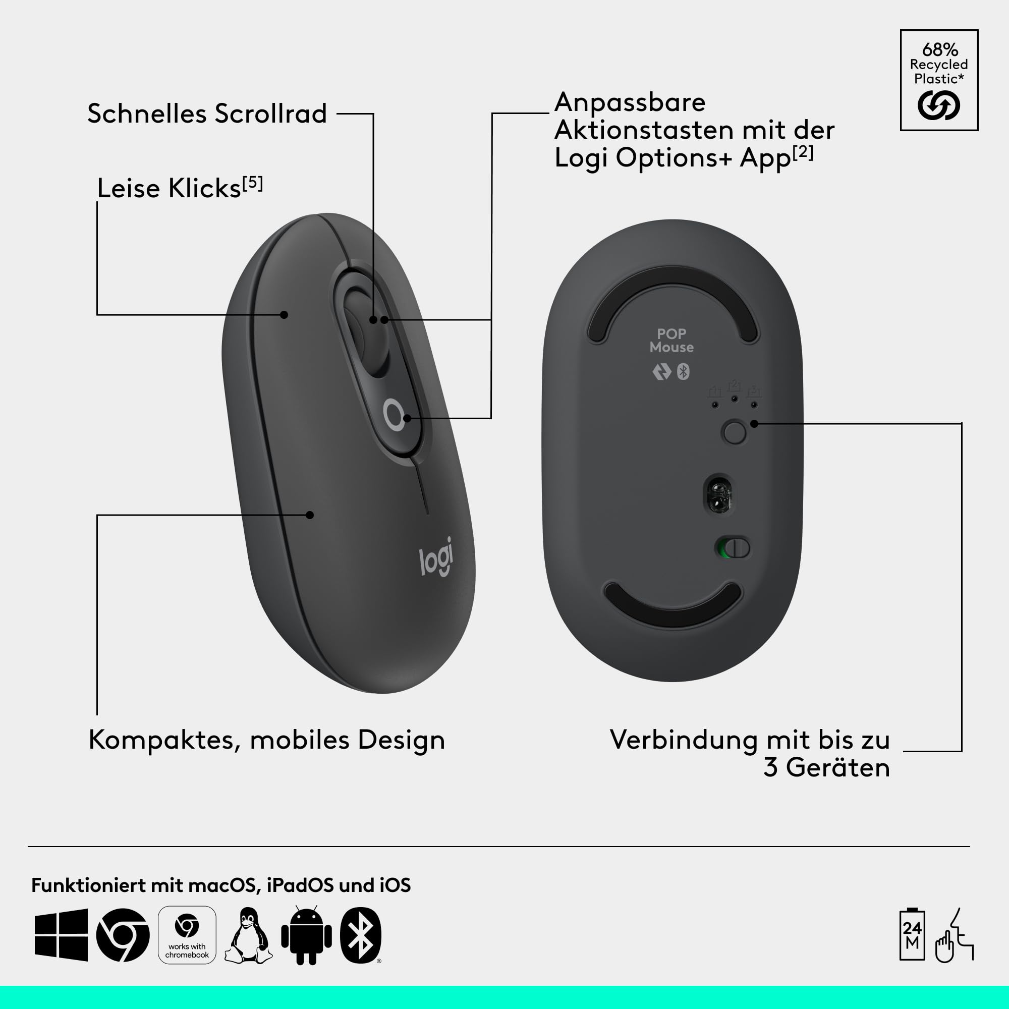 Logitech POP ICON Keys kabellose Bluetooth-Tastatur, Komfortables Tippen, POP Mouse, kompakte, Mobile kabellose Bluetooth-Maus programmierbaren Tasten und leisen Klicks, DEU QWERTZ - Grafit