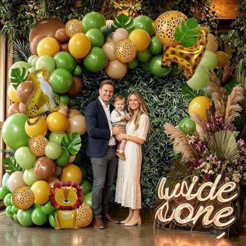 Image of Jungle Safari Balloons Arch Garland Kit, Sage Green Brown Yellow Animal Print Balloons Palm Leaves for Wild One Safari Baby Shower Tropical Woodland Birthday Party Decorations