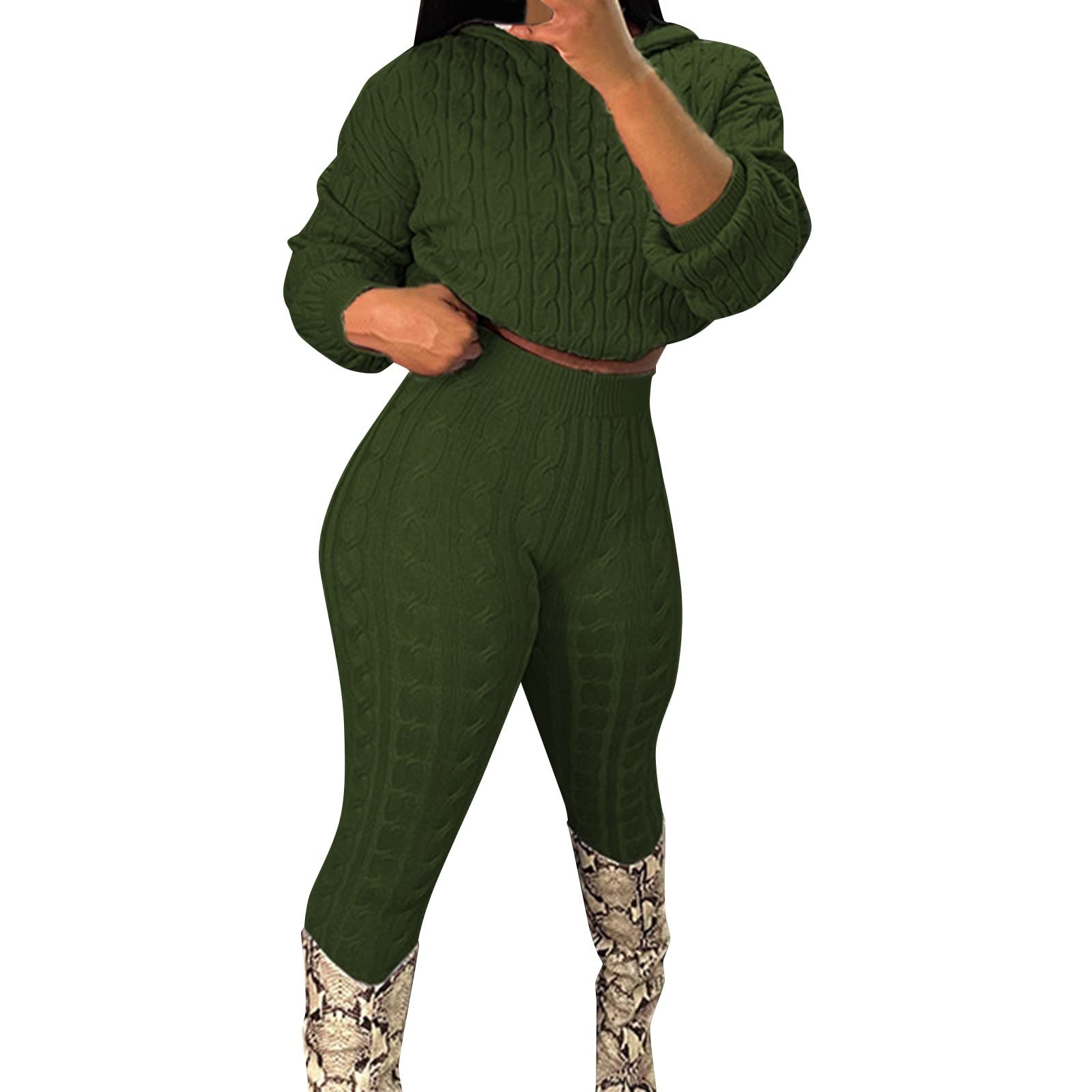 FGUUTYM Maglione casual da donna, per autunno e inverno, set di maglioni e pantaloni, alla moda, tinta unita, con cappuccio, casual, in due pezzi, da donna, elegante e festivo