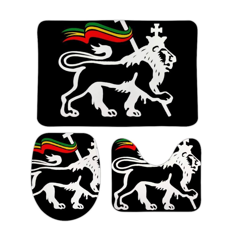Redbeans Multicoloured Non Slip Bath Mat 3 Piece Flannel Bathroom Rug Set,Judah Lion Soft Pedestal Anti Slip Shower Mat Carpet Toilet Cover Rug Set