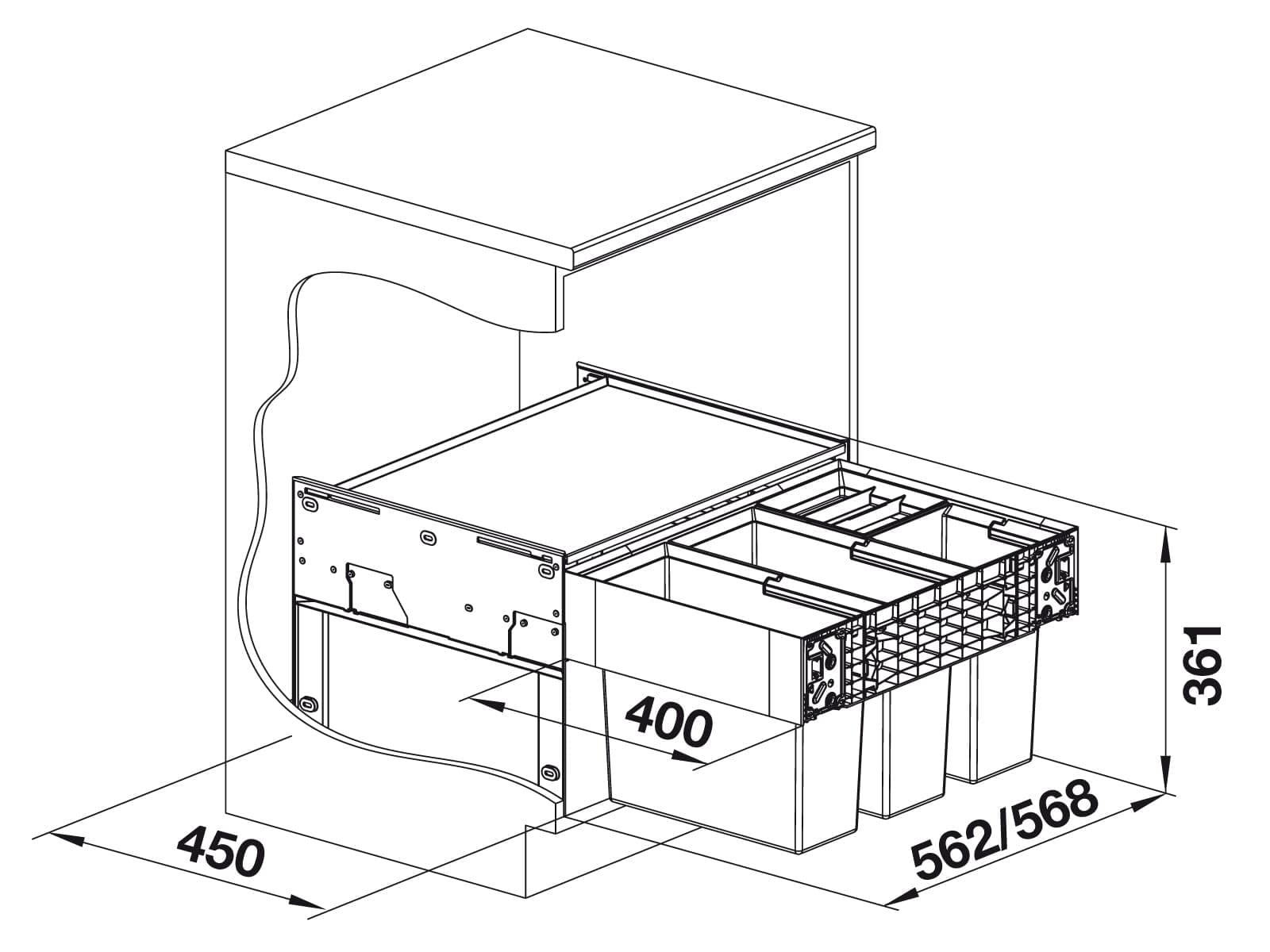 BLANCO SELECT II 60/4 | Abfall Müllsystem | für 60 cm breite Unterschränke | Auszugssystem zur Frontanbindung | 2 x 15l und 2 x 6l Eimer | 1 x Eimerdeckel 6l | 400mm Auszugstiefe | [56,8x40x36,1 cm]