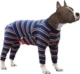 Size XS to 3XL, 2 Colors Dog Onesie Long Sleeve, Full Cover Pet Pajamas, Dog Plaid Shirt, Lightweight Dog Jumpsuit Striped Large