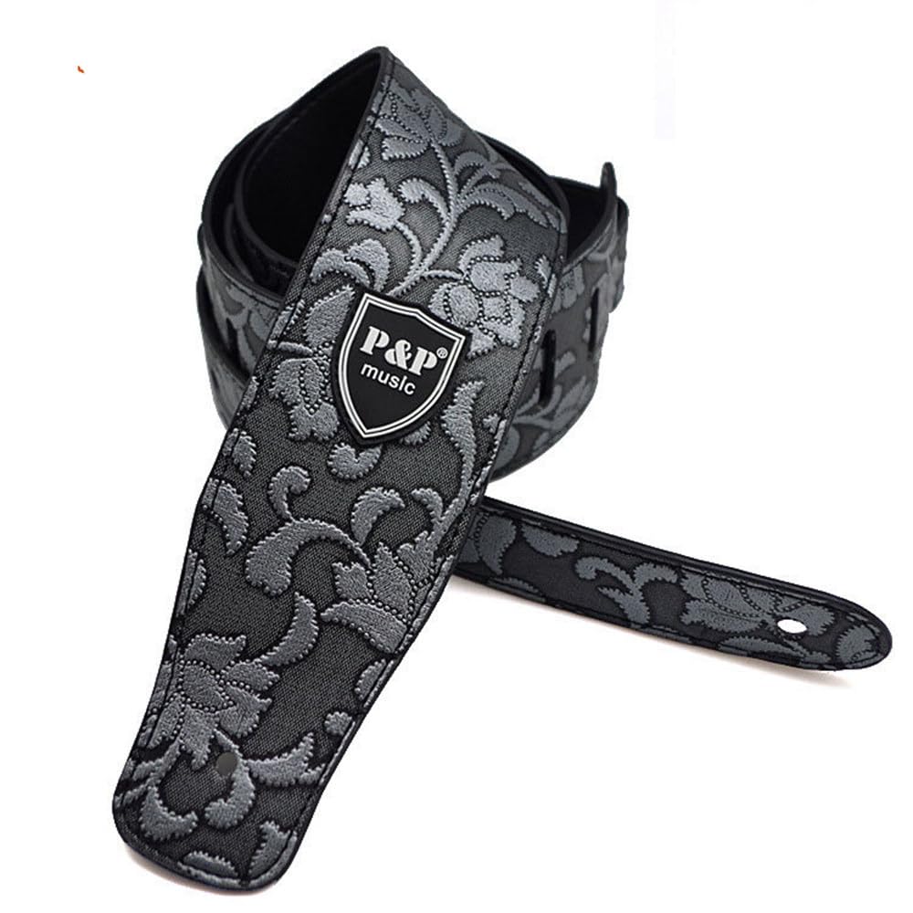 Cube-LED Polyester Guitar Strap with Reinforced Ends - Adjustable Black & Grey Skulls Design for Electric, Acoustic & Bass Guitars​[QJ39]