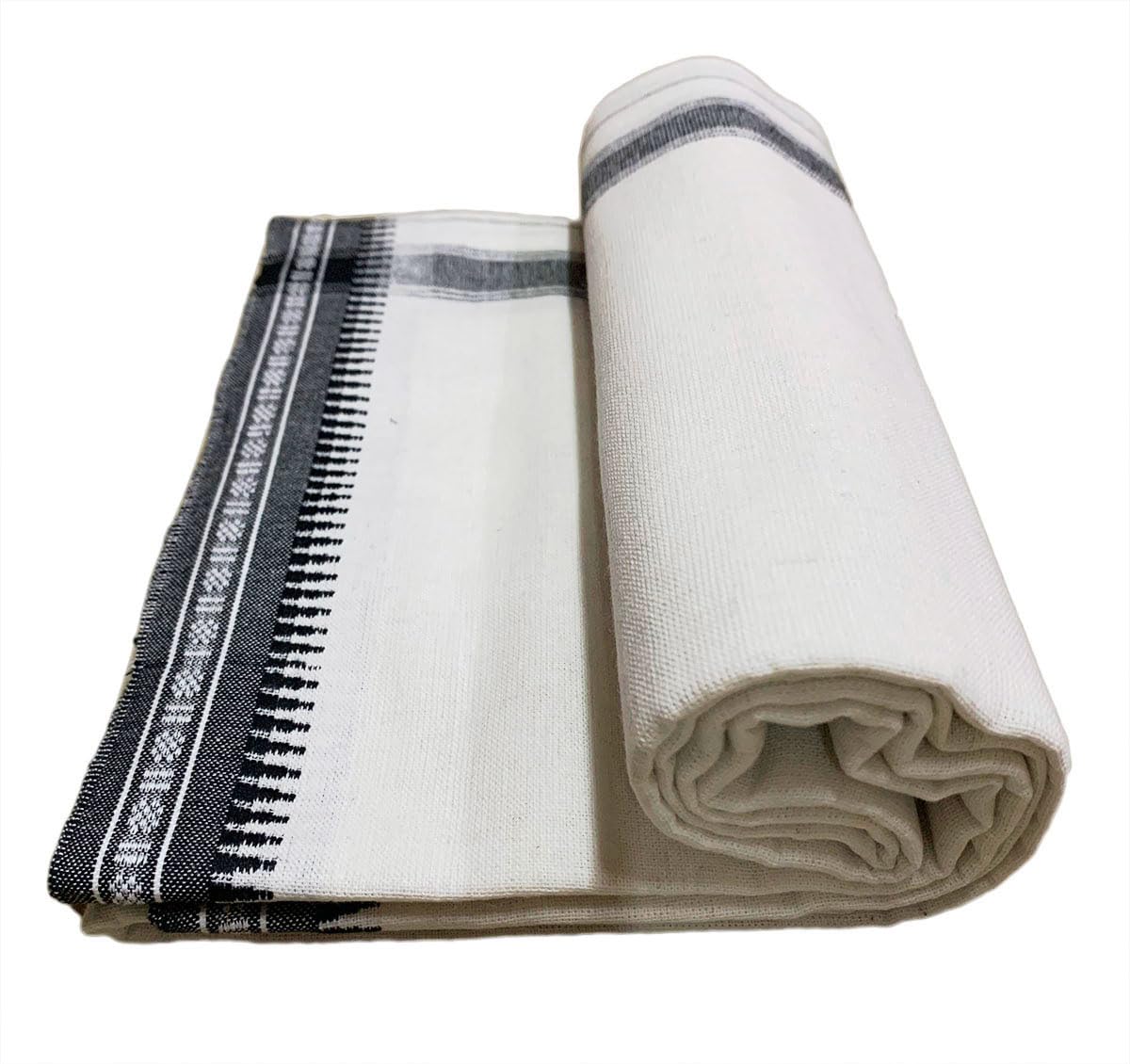 Prakasam Cotton Mens Single (1.28 X 2.00 Mtrs) Colour Thalapathi Border Dhoties/Fine Quality Single Dhoties (White)-Pack Of 2 Dhoties