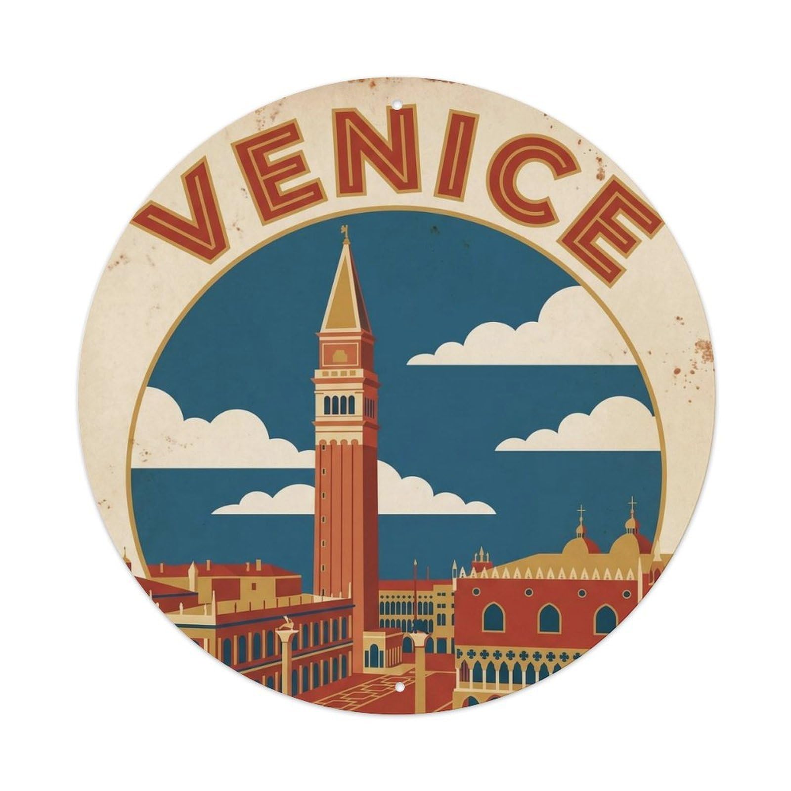 Venezia Bell Tower Landmark Italian Travel Heritage Discovery Metal Tin Sign Plaque Wall Decor for Cafe, Man Cave, Club Bar, Office, Home Garden Round Metal Poster 8x8Inch