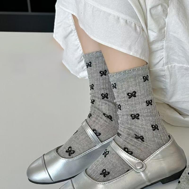2 Pairs Women's Retro Ruffled Edge Bowknot Mid-Calf Socks, Gray With Black Polka Bows, Breathable Lace Detail, For Casual Or Dressy Outfits4