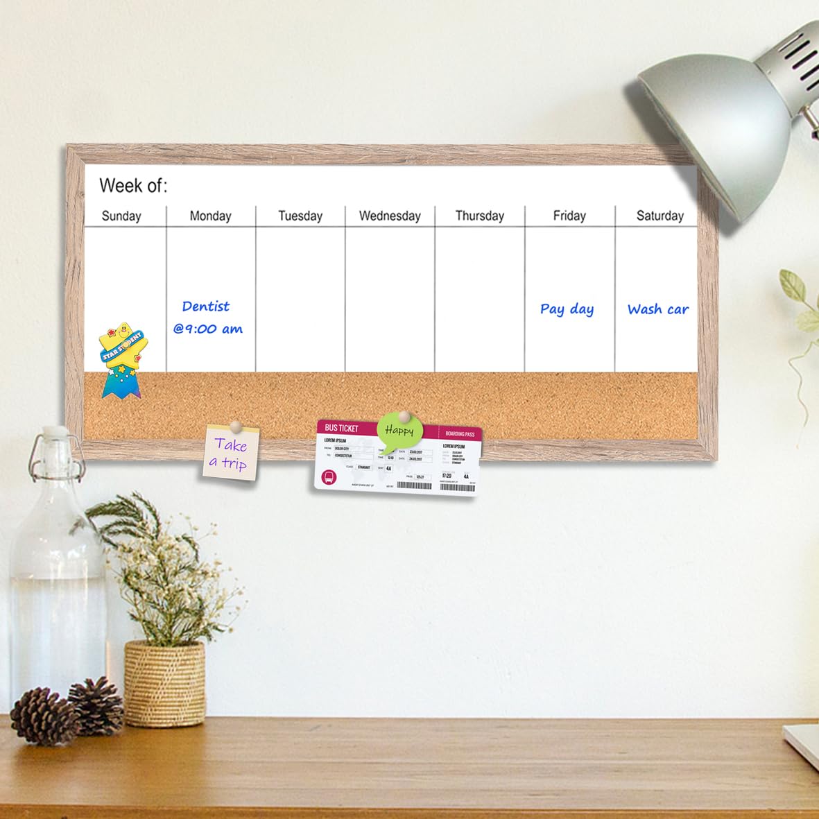 Pizarra blanca magnética semanal de borrado en seco y tablero de corcho, marco de madera marrón rústico, pizarra blanca de superficie magnética para decoración de pared y oficina en casa