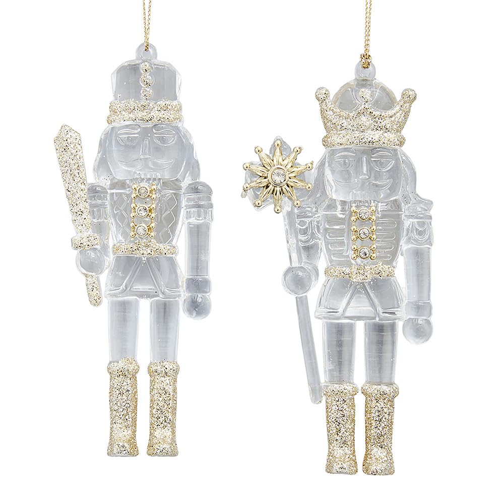 Kurt Adler Clear Nutcracker with Gold Glitter Ornaments, Set of 2