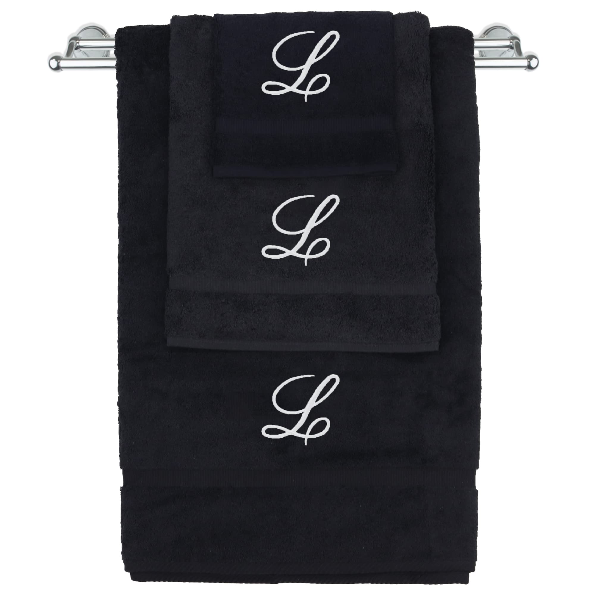 Juego de toallas con monograma, regalo personalizado, juego de 3 toallas bordadas con letras blancas, extra absorbentes, 100% algodón turco, acabado de rizo suave, inicial, talla L negra