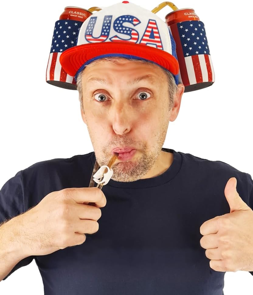 HandinHandCreations USA Merica Stars Drinking Cap Adjustable Size Hat with Straw for Soda or Beverage Guzzler Drink Helmet - America Drinking July 4th Costume - All American Party Gear Blue