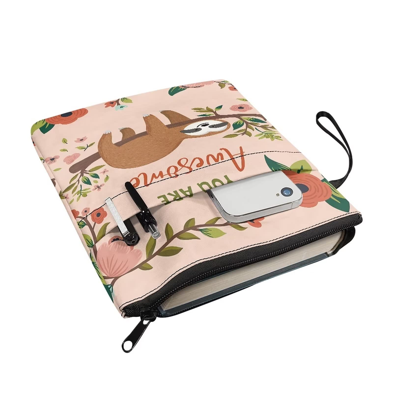SEANATIVE Cute Sloth Floral Print Book Protector Pouch Sleeve with Zipper Portable Book Covers for Book Lovers Paperbacks Hardcover Notebook - Image 2
