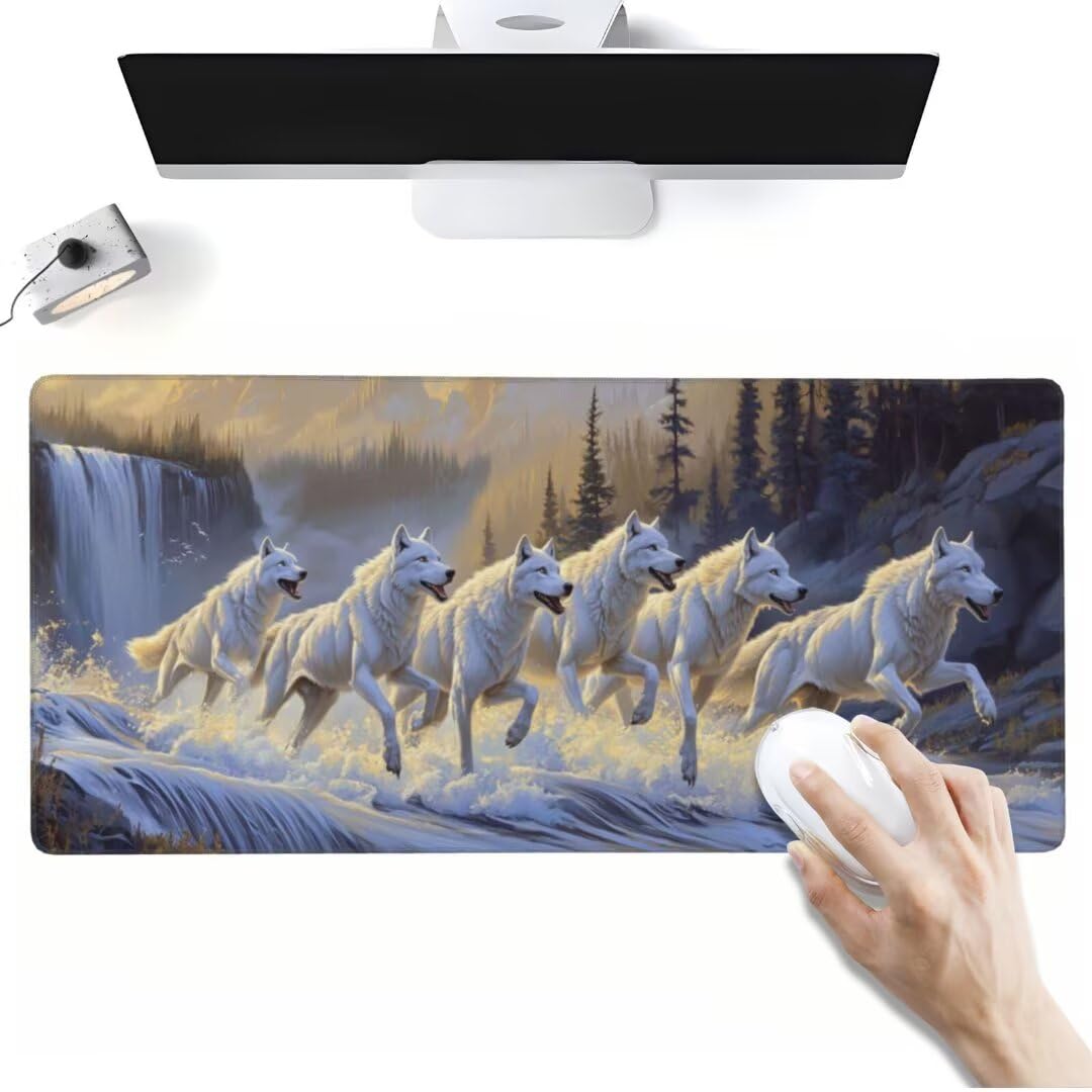 Tapis de Souris Loup Blanc Tapis de Souris XXL, Extra Grand Tapis Souris Gamer XXL Tapis de Souris Gaming, Imperméable Mouse Pad avec Base Atidérapante pour Maison/Bureau (1000 x 500 x 3 mm, Forêt)