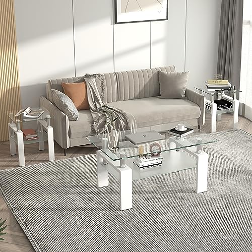 Meihua Glass Coffee Table And End Table Set Of 3, Living Room Table Set With Tempered Glass & Metal Legs For Livingroom Center Table thumb #3