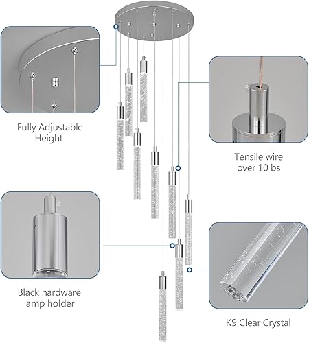 Miniatura 7 de Lámpara colgante de cristal cromado, 9 luces, regulable, 54 W, 6000 K, escalera, grande, vestíbulo, sala de estar, vestíbulo, techo alto