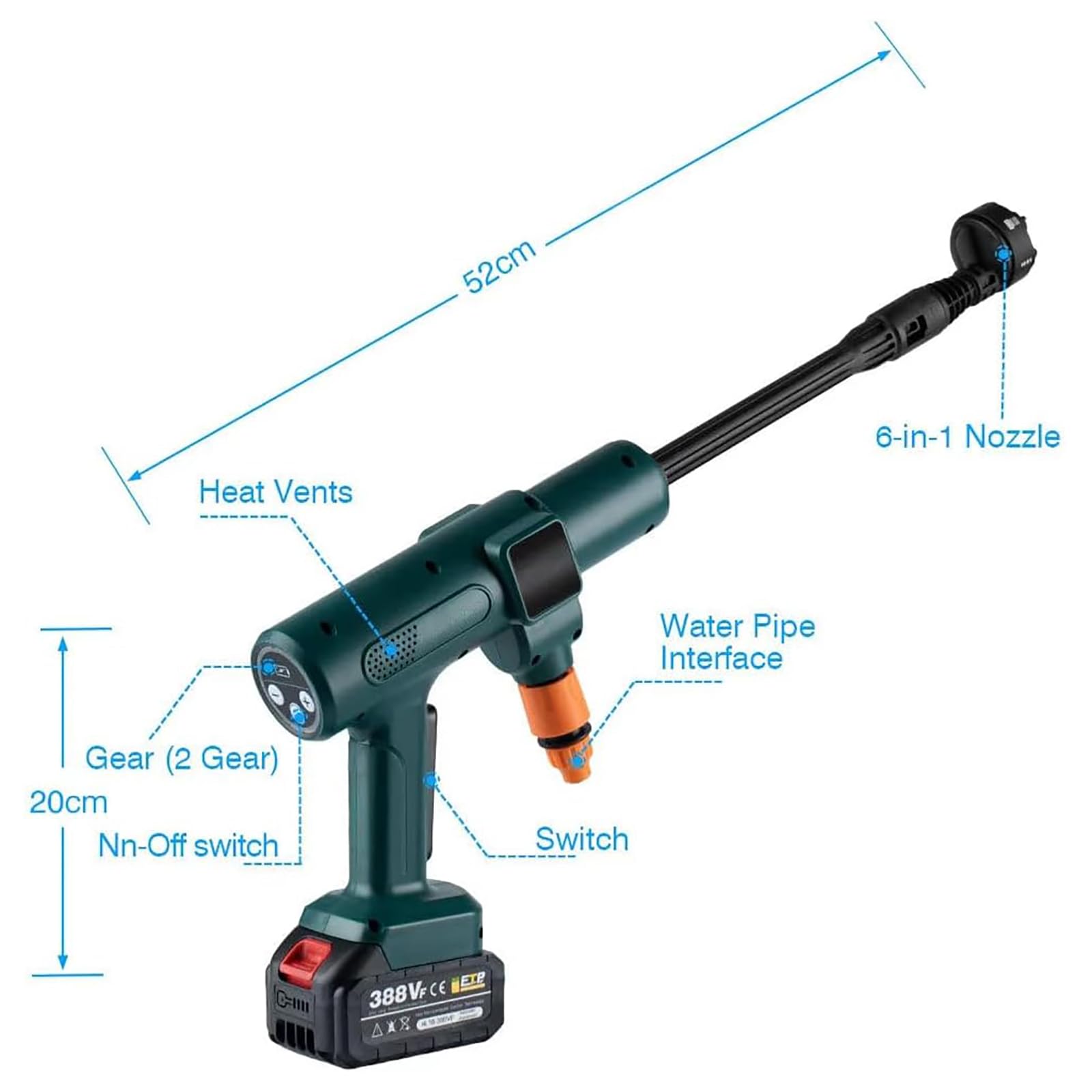 Hidrolimpiadora Inalámbrica, Portátil, De 15 Bares, con Boquilla 6 En 1 Y Batería De 2600 Mah, para Lavar Coches, Suelos, Limpiar Jardines Y Regar.