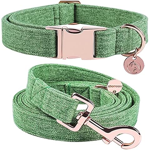 DOGWONG Cotton Dog Collar and Leash Green Pet Collar Durable Adjustable for Small Medium Large Dogs Cover