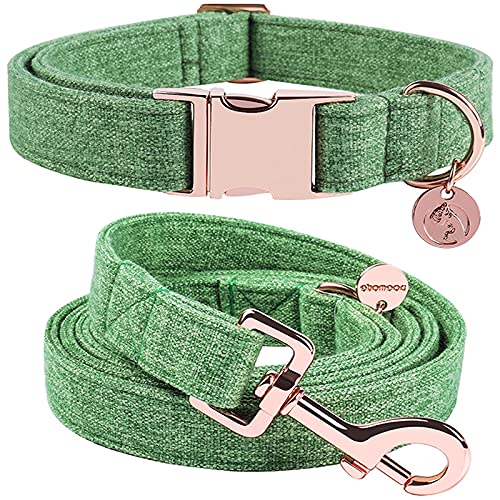 DOGWONG Cotton Dog Collar and Leash Green Pet Collar Soft Durable for Small Medium Large Boy Girl Dogs