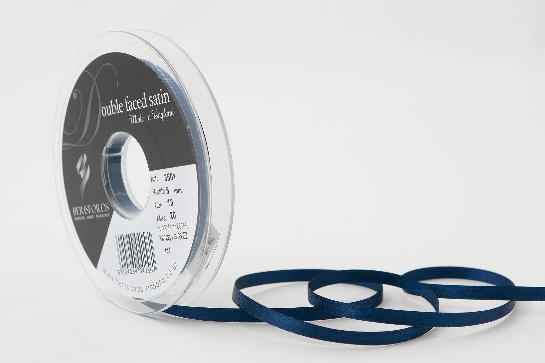 Berisfords Double FACE Poly Satin Ribbon, Navy, 5 mm