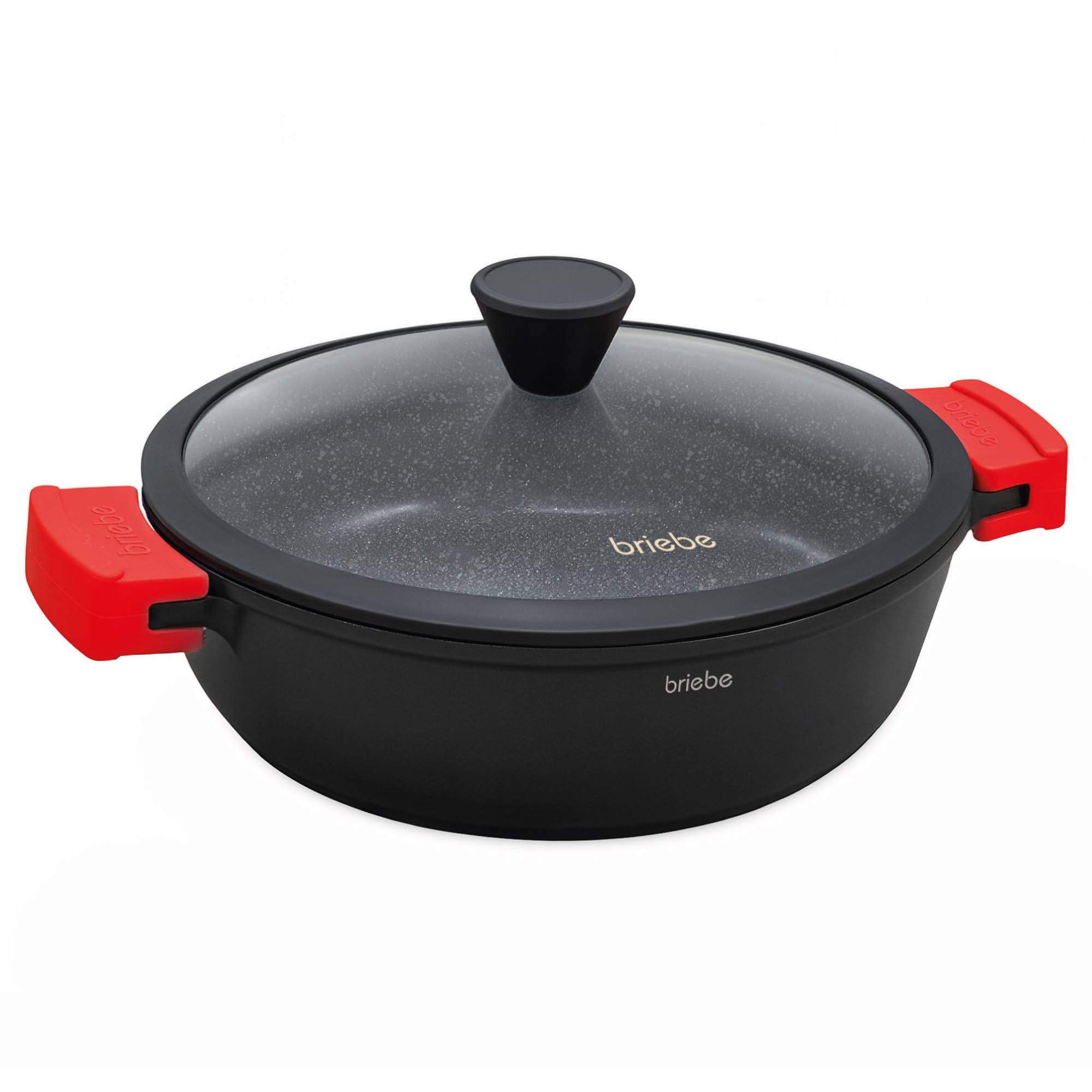 briebe Black Titanium Kochtopf für die Küche, Induktion, Antihaftbeschichtung, Titan, 28 cm, Aluminiumguss, Beschichtung ohne PFOA, Glasdeckel, Silikongriffe, Glaskeramik, Gas, Ofen