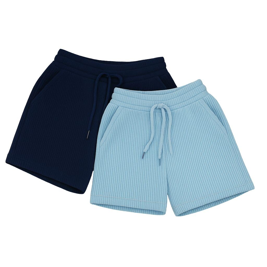 RIDDHI Fashion Women Ribbed Lounge Shorts Pack of 2 | Cotton Blend Stretchable Shorts for Women | High Waist Casual Summer Shorts with Pocket Navy-Sky-image-13