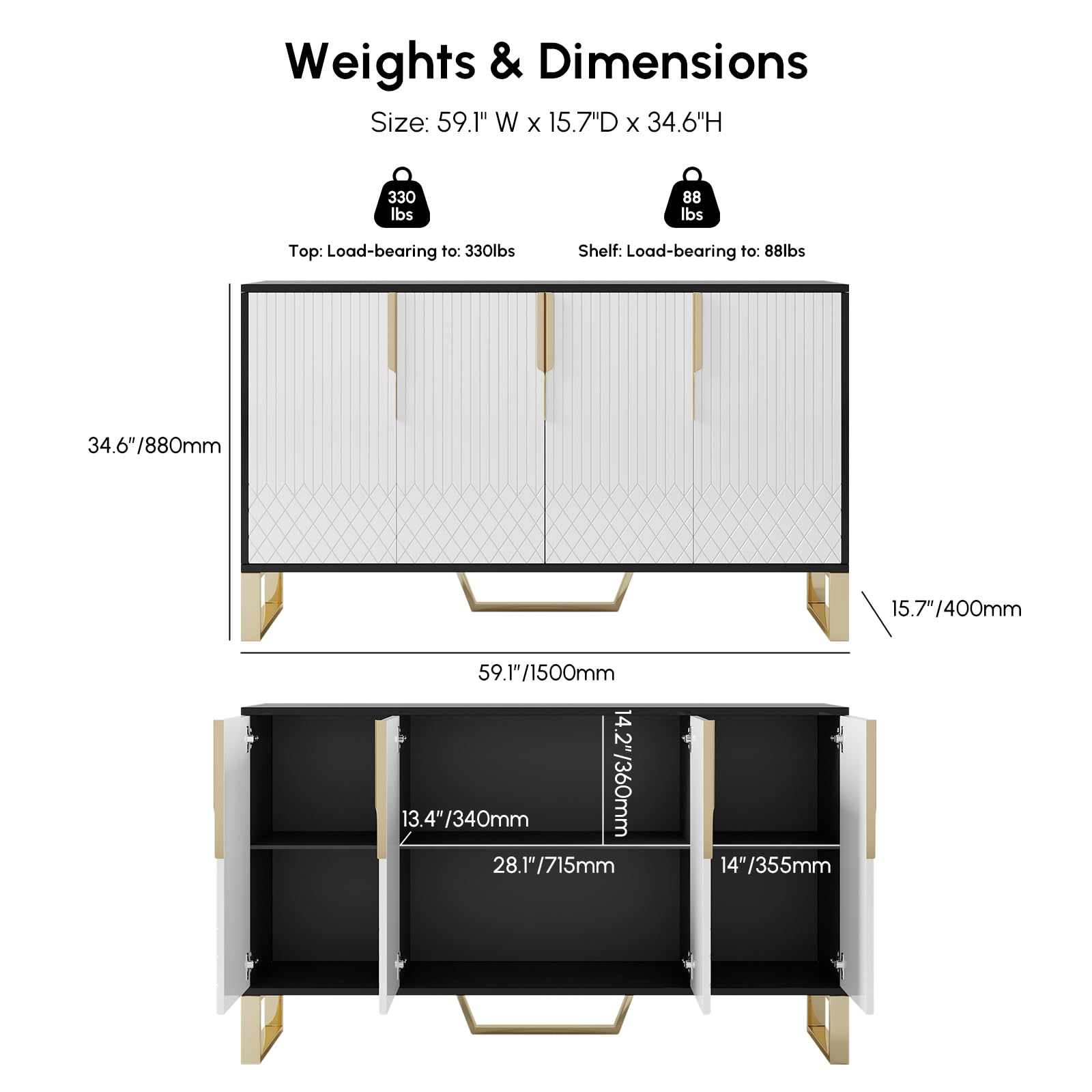 Homary Sideboard-Buffettisch, 150 cm, Küchenschrank, Stabiler Edelstahl Und Holzwerkstoff, 4-türig, 6 Ablagen, Moderner Organizer in Weiß/Schwarz