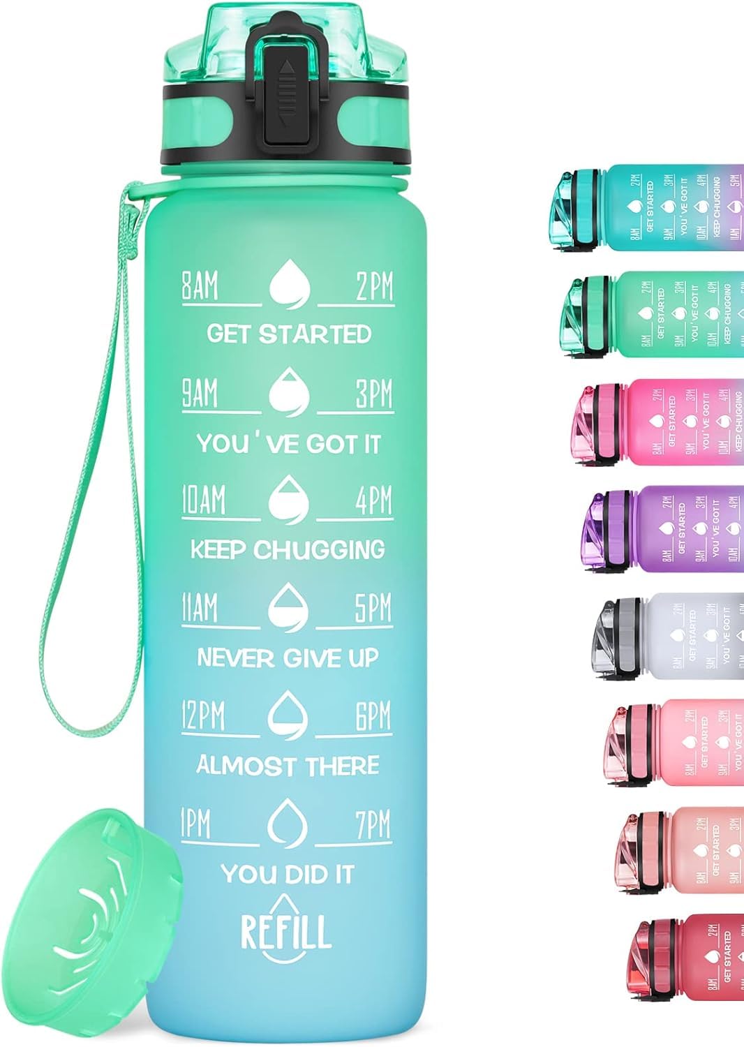 HydroPal Borraccia 1 Litro, Borraccia Bambina con Palestra Motivazionale, 1l Borraccia Personalizzata con Orari per Bere, senza BPA, Borracce a Prova Di Perdite per Palestra (Gradiente verde)