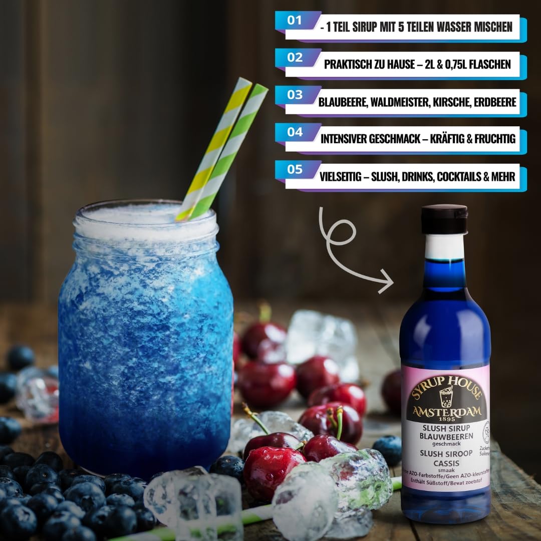 Bacchus Brew 4×0,75L (1:5) Slush Sirup für Ninja Slush Maschine – Slush Eis Sirup für Slush Eis Maschine – Slushy Sirup für Slushy Maker – Blaubeere & Erdbeere & Kirsche & Waldmeister Sirup