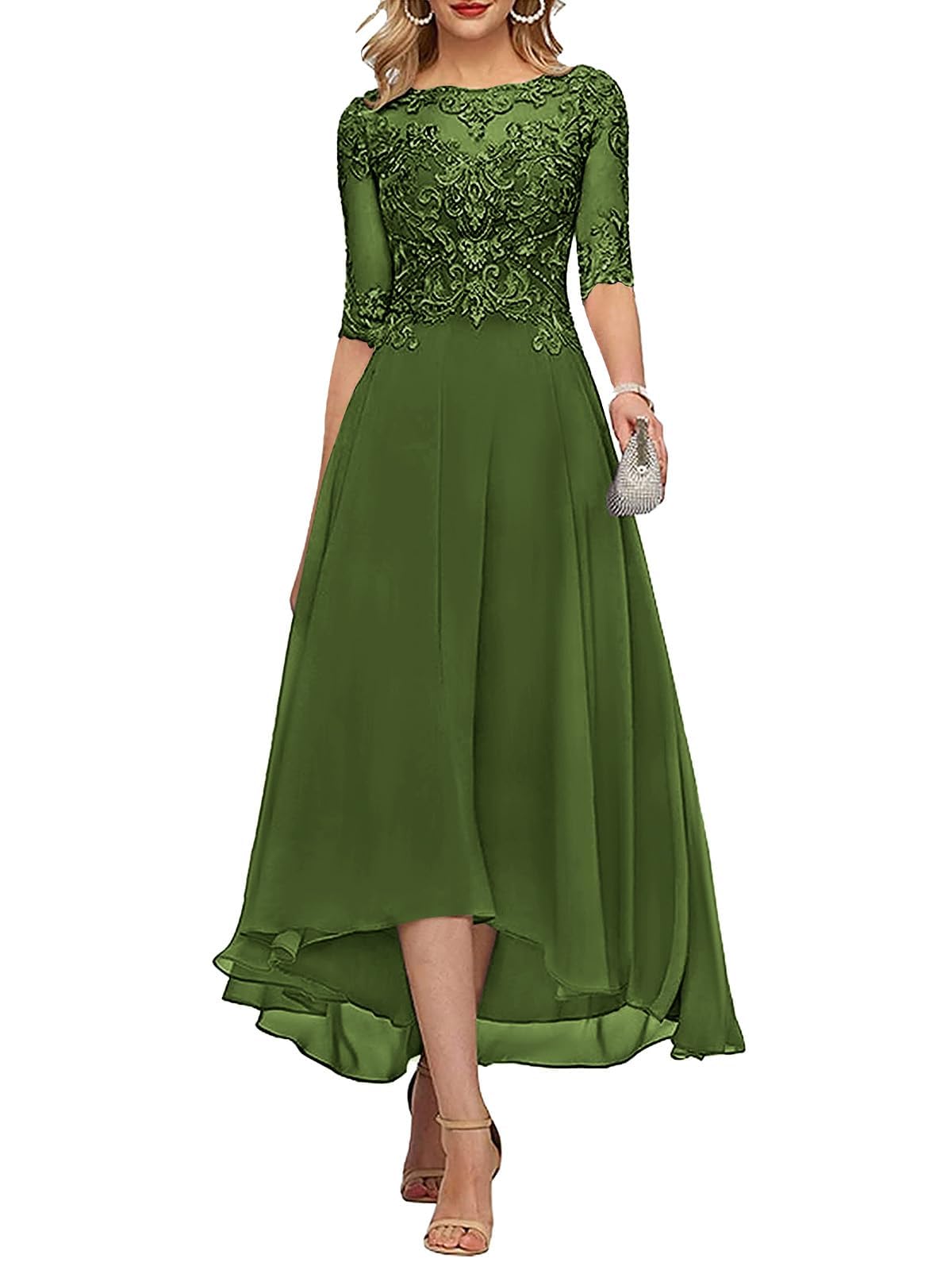 KURFACE Tea Length Mother of the Bride Dresses Lace Applique Chiffon A Line Olive Green Mother of Groom Dress with Sleeves for Wedding UK16