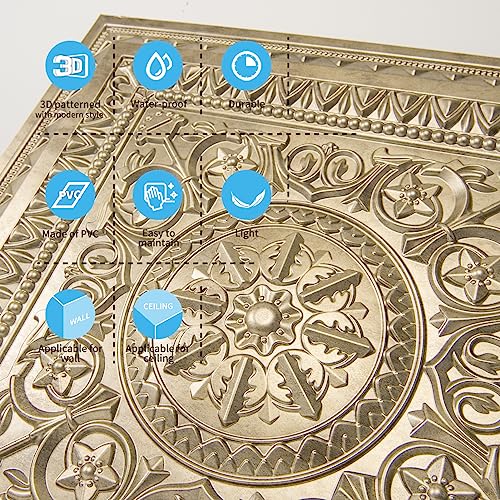 Image of Art3d Drop Ceiling Tiles, Glue up Ceiling Tiles, 2'x2' Plastic Sheet in Antique Gold (12-Pack, 48 Sq.ft)