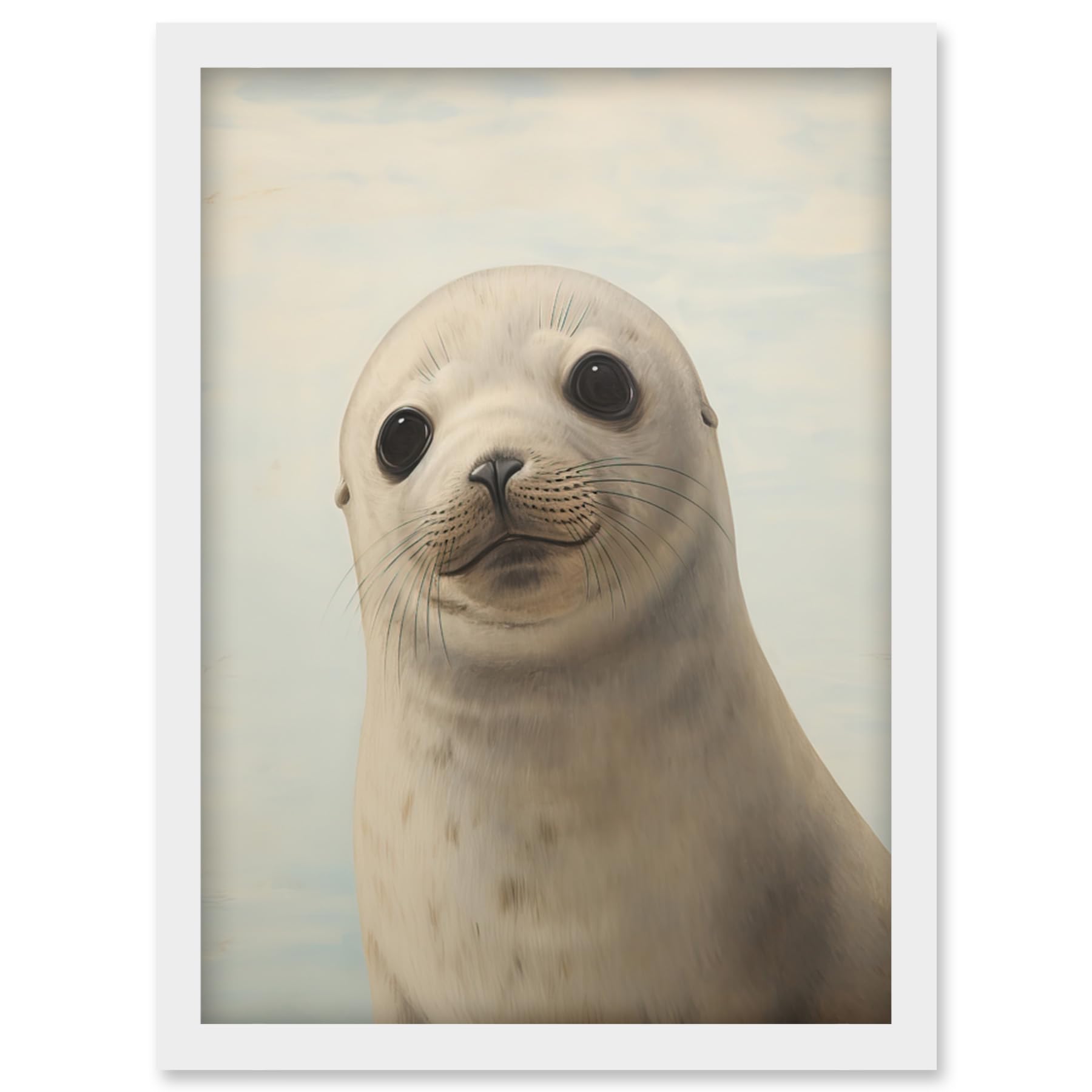 Artery8 Adorable Baby Seal Pup Portrait Oil Painting Calming Kids Bedroom Cute Arctic Animal Artwork Framed Wall Art Print A4