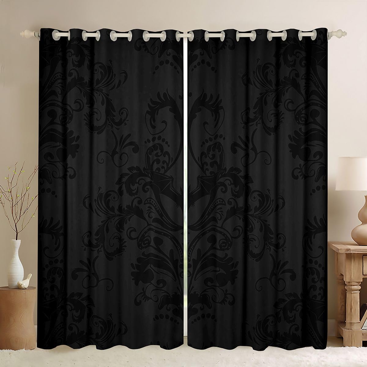 Tende oscuranti damascate nere, 117 x 183 cm, motivo pipistrelli di Halloween, gotiche, con occhielli, per soggiorno e camera da letto, stile vintage, bohémien, floreale, oscuranti, 2 pannelli