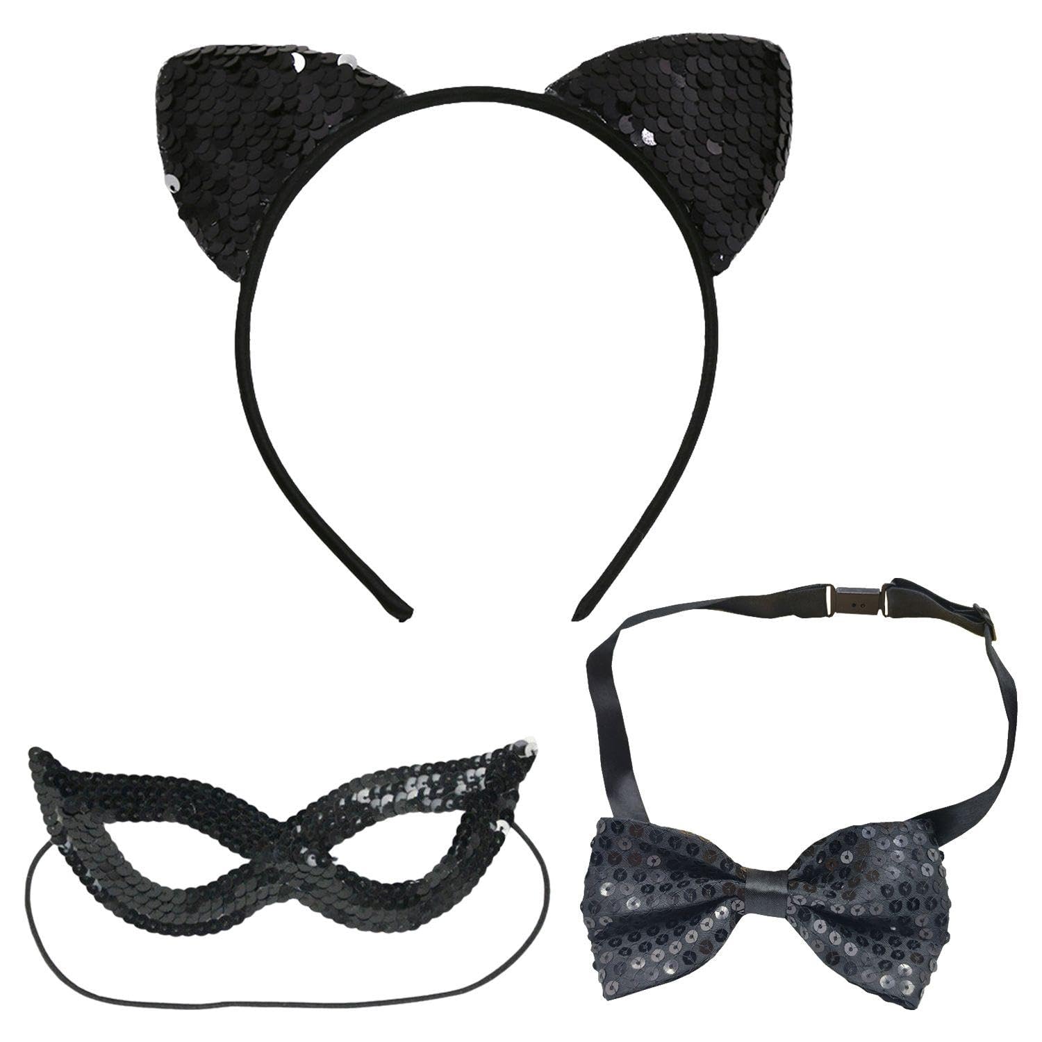 HINFHI 1 Piece Cat Ear Headband, 1 Piece Eye Mask And 1 Piece Bow Tie, Sequin Headband, Role-Playing Accessories